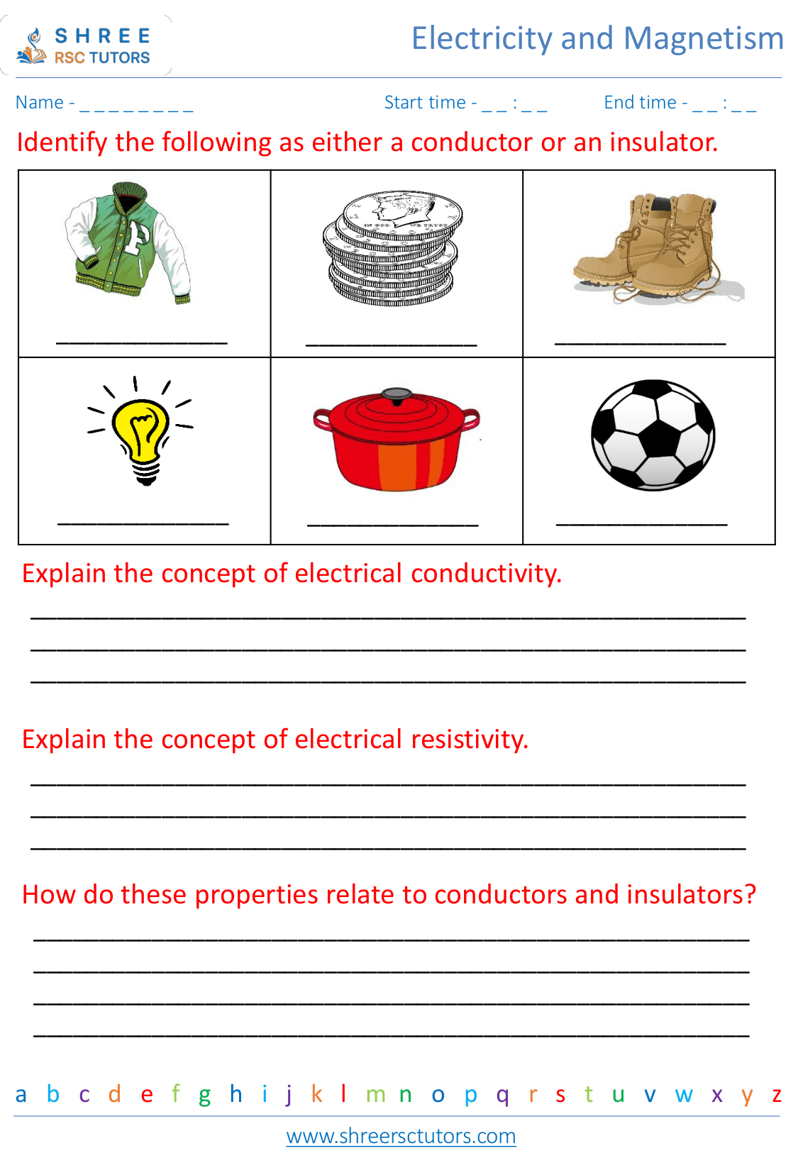 Conductors and Insulators worksheets for Grade 6 Science shree rsc tutors